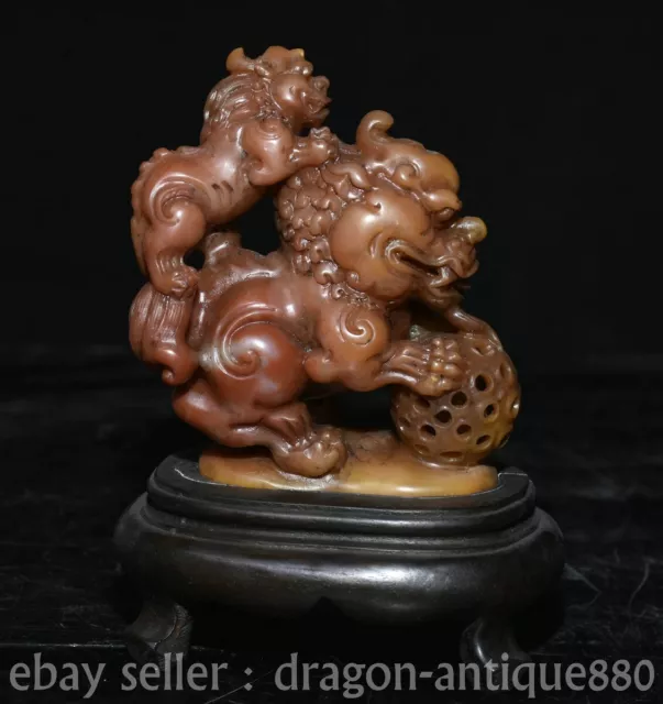 5.2" Old Chinese Shoushan Stone Son-Mother Foo Fu Dog Guardion Lion Seal Statue