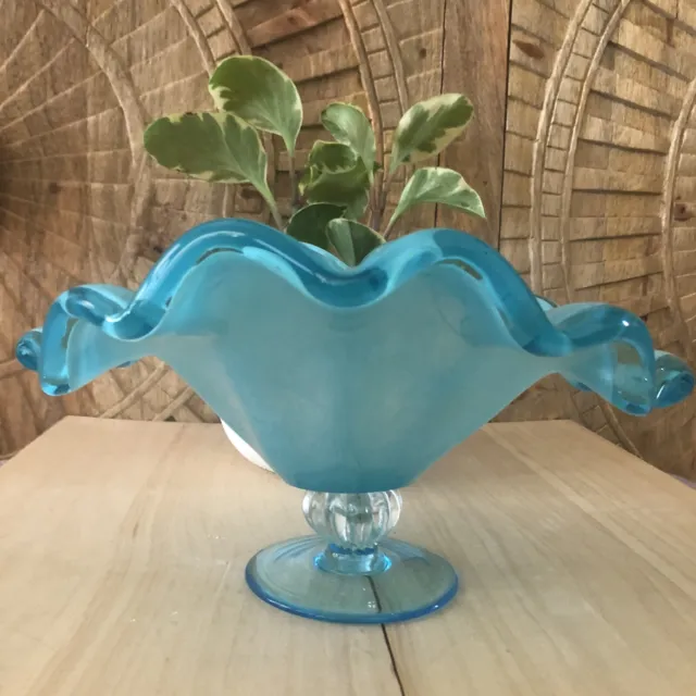 Blue Glass Ruffle Pedestal Candy Compote Dish Italian White Crystal 4x8x10”