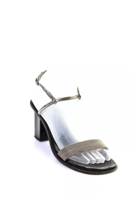 Saint Laurent Womens Block Heel Chain Leather Ankle Strap Sandals Silver Size 7