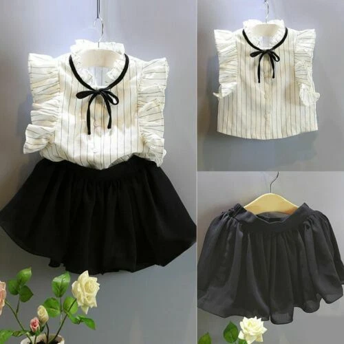 2PCS Toddler Kids Baby Girl Dress Outfits Tops Shirt Bow Short Skirt Clothes Set