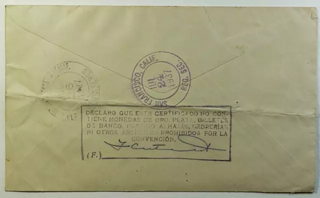 1937 El Salvador Registered Airmail Cover San Salvador to San Francisco CA 2