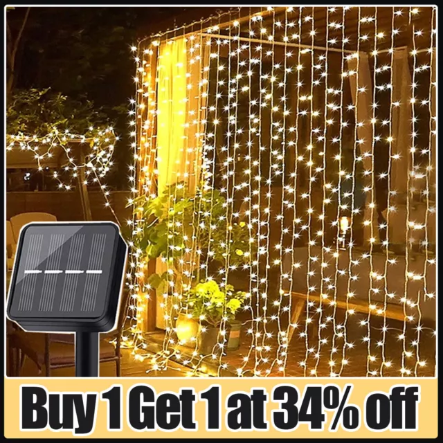 300 LED Outdoor Solar Curtain Fairy String Lights Hanging Patio Window Garden