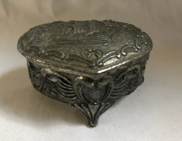 VINTAGE Footed Pewter Heart Shape Keepsake Trinket Box Engraved Shipping