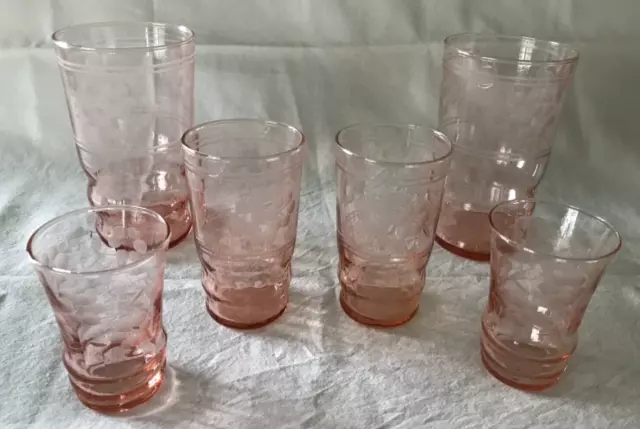 Set Of 6 1930's Pink Depression Glass Tumblers W/Etched floral Pattern-3 Sizes!