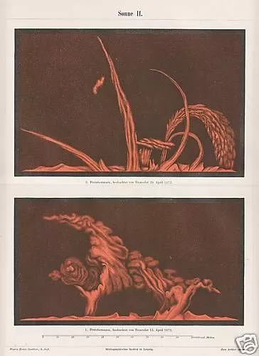 SONNE  Protuberanzen April 1872   Druck Lithographie  von 1897 Astronomie