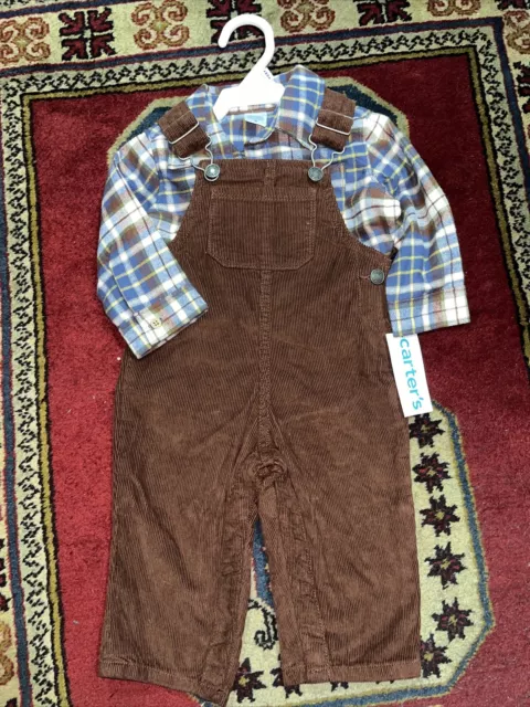 NWT Carters Baby Boys Brown Corduroy Overall Flannel Plaid Sz 9 Months New