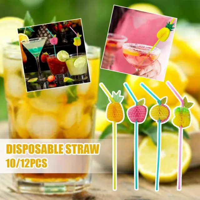 10/12x Hawaiian 3D Fruit Cocktail Straws Umbrella Drinking Party Straws De Q7Q7
