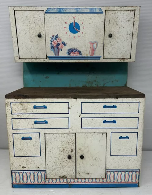 Vintage Wolverine Tin Metal Kitchen Hutch Cabinet Toy 	White&Teal 11” L, 13” H