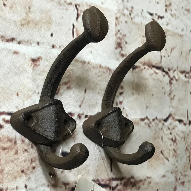 Rustic Double Hanger Hooks Cast Iron 2pcs Holder Brown Coat Towel Farmhouse