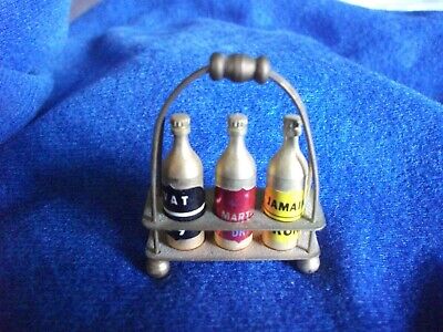 Vintage Dollhouse Miniature Brass Bottle Holder Rack w/ 3 removable bottles