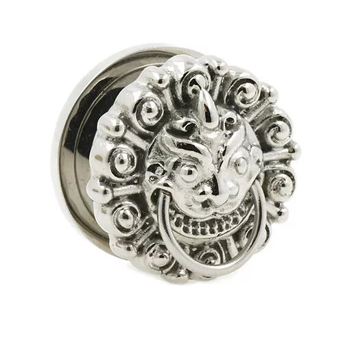 Piercing orecchio tunnel in carne in acciaio con leone tribale drago Asia spina Doorknocker