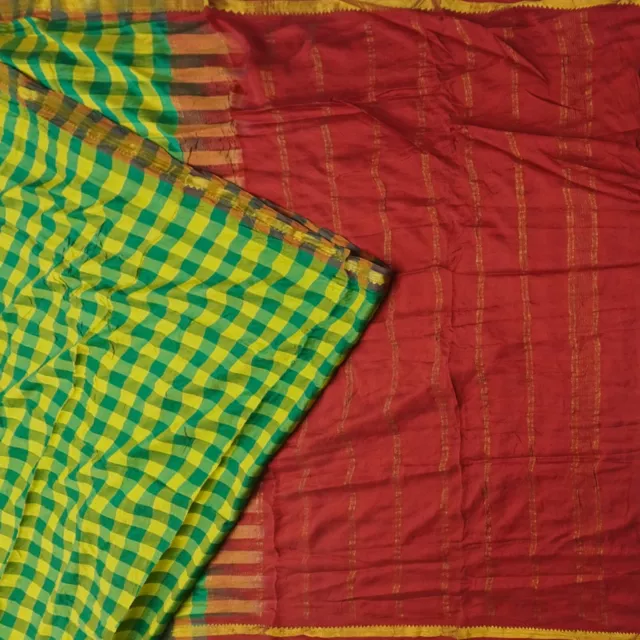 Vintage Jaune Sari 100% Pure Soie Tricoté Main Du Sud Indien Carreaux 4.6m Tissu