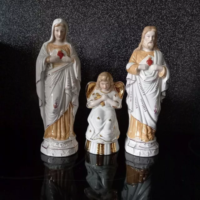 Heiligenfiguren, 3 Stück, antik, Herz Maria & Herz Jesu & Engel, Porzellan