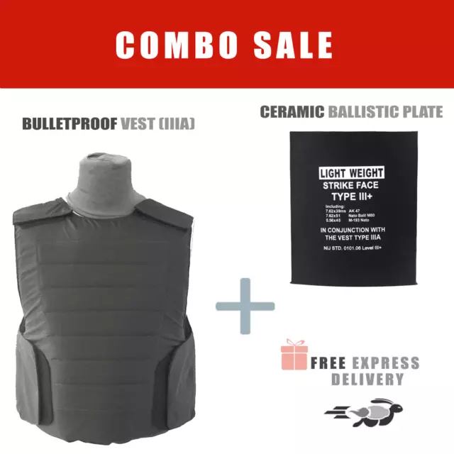 BULLET PROOF VEST Body Armor level IIIA 3A w/ Ceramic Ballistic Plate
