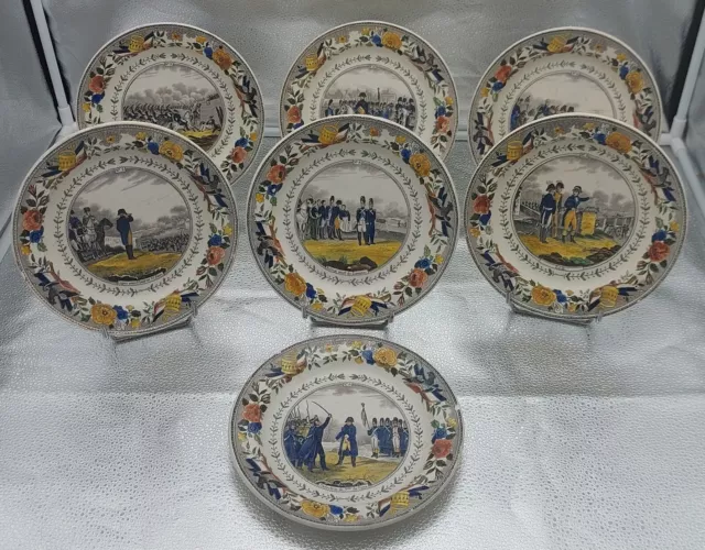 7 Assiettes Batailles Napoleon Faience Polychrome Montereau Louis Lebeuf D20,5