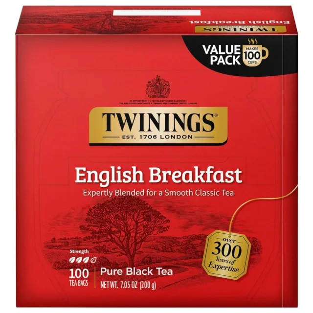 Twinings English Breakfast Black Tea, 100 Individually Wrapped Tea Bags, Smooth,