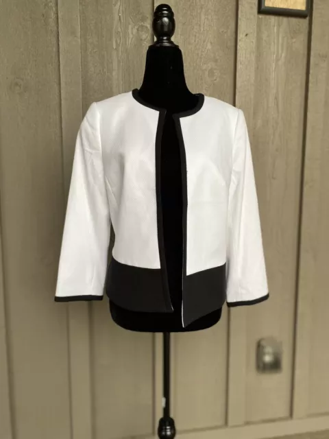 NWT Womens TALBOTS White w/Black Trim, Open Front, Petite, Pique Blazer/Jacket 8