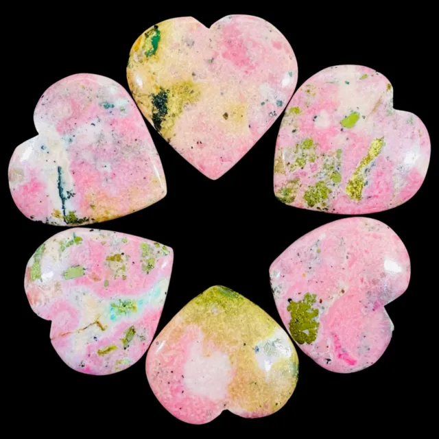 6 Pc Natural Rhodonite 27.5-34mm Heart Shape Loose Cabochon Gemstones 303.65 Cts
