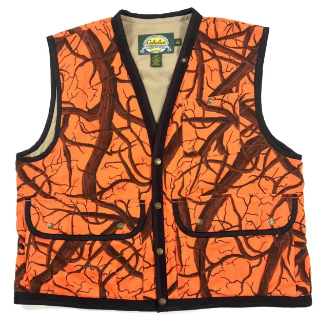 Cabelas Hunting Vest Mens Large Blaze Orange Black Tree Camo Fleece Game Bag