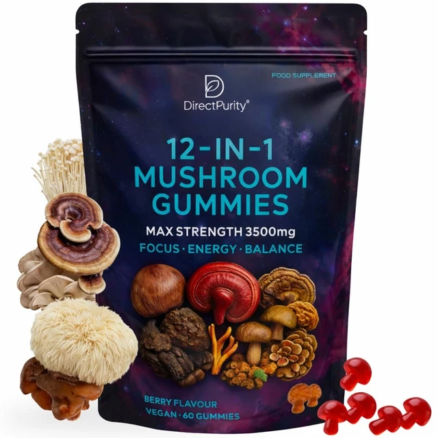 12-IN-1 MUSHROOM GUMMIES Lion's Mane Reishi Chaga Shiitake 60 Count £19 ...