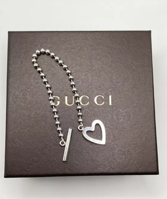 Gucci offenes Herz kippbar Sterlingsilber 925 Kugel Perlen Armband Schmuck 7,5 Zoll