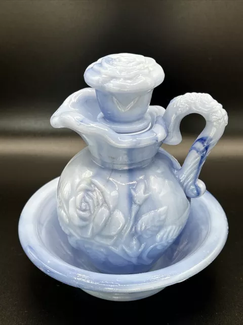 Avon Victoriana Blue Marble Milk Glass Pitcher & Bowl Decanter Soap Set May 1978