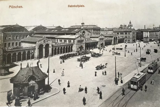 AK München Bahnhof Hauptbahnhof 1913 Tram Kutschen