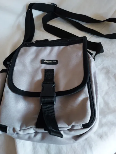 Eddie Bauer unisex travel bags crossbody light gray black trim multi pockets EUC