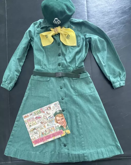 Vintage 1948-55 Girl Scout INTERMEDIATE UNIFORM DRESS-HAT-TIE-BELT-1955 CALENDAR