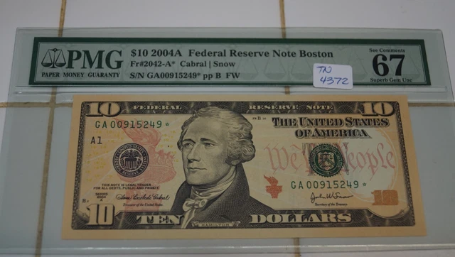 2004 A $10 Hamilton Federal Reserve Star Note Boston Pmg Sgu 67