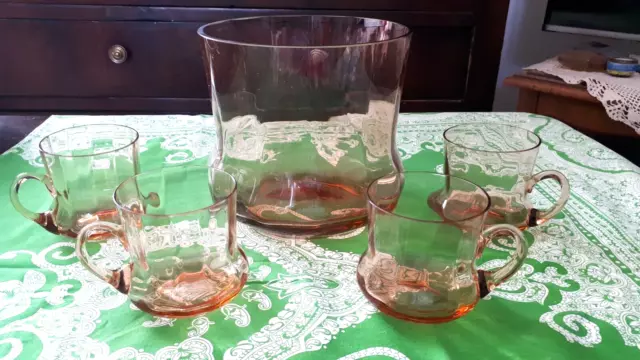 Bocal récipient vintage + 4 tasses - bel ensemble en verre rose Art déco