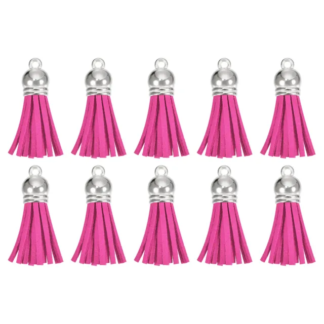 30Pcs 1.5" Leather Tassels Keychain Charm with Silver Cap for DIY, Fuchsia