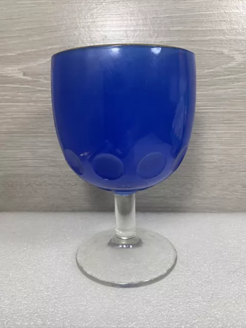 Royal Blue STEMMED Large WINE GLASS Water Goblet 6 1/8" Gold Rim THUMBPRINT