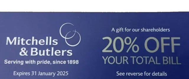 20% Off  Mitchells / Butlers Toby, Miller And Carter  Expiry Jan 2025