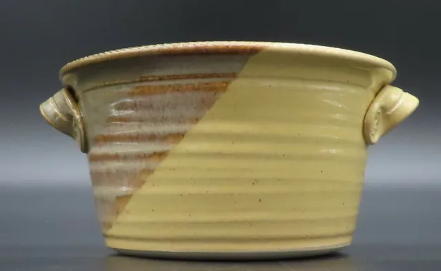 Stoneware Studio Art Pottery Pot w handles Glazed Yellow / Brown JB MCM 4" tall