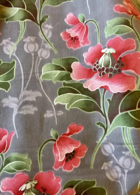 Antique French Nouveau Poppy Floral Cotton Fabric ~ Coral Pink Red Gray Green