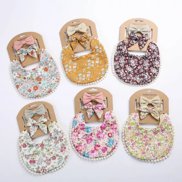 3pcs Bibs Towel Headband Tassel Saliva Floral Print Newborn Double Side Cloths