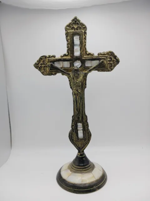 Vintage Beautiful Brass ? Mother Of Pearl Inlay Standing Crucifix Cross Altar