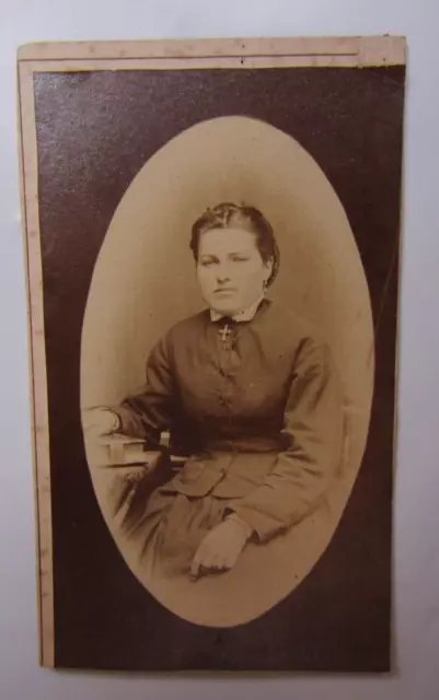 Antique Small Cabinet Card Photo German Religious Lady with Cross & Hand on Book