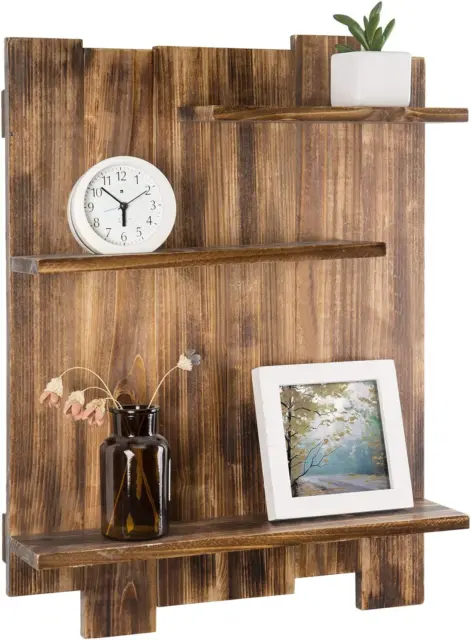 Wall-Mounted Vintage Burnt Wood Pallet-Style Staggered 3-Tier Display Shelf