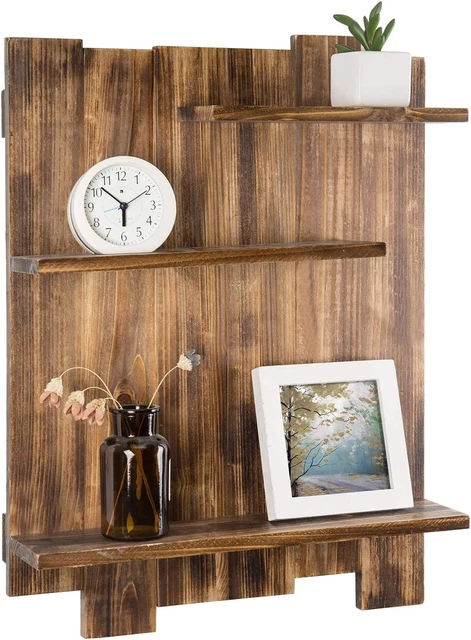 Wall-Mounted Vintage Burnt Wood Pallet-Style Staggered 3-Tier Display Shelf