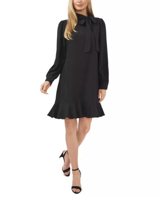 $109 CeCe Women Black Tie-Neck Ruffle Hem Long Sleeve Dress Size 8 NWT