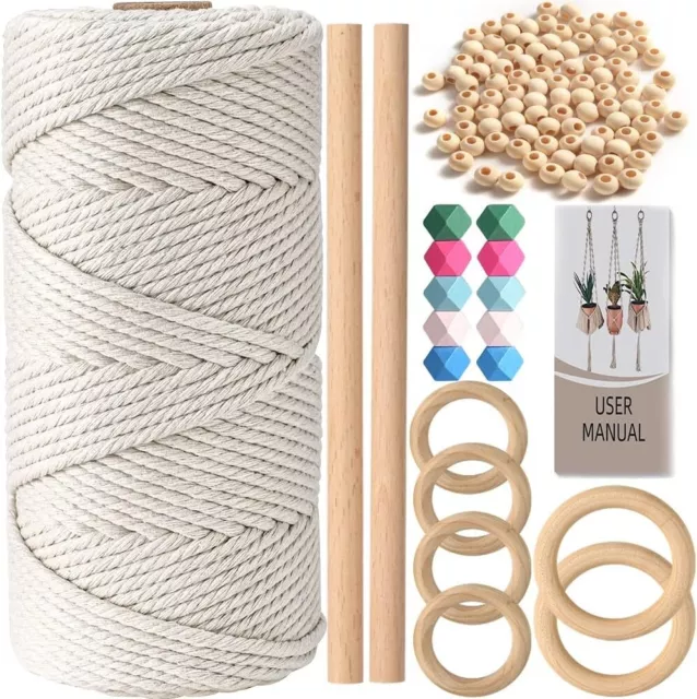 Macrame Cord 3mm, Coolba Macrame Kit for Beginners Natural Cotton Rope with Wood