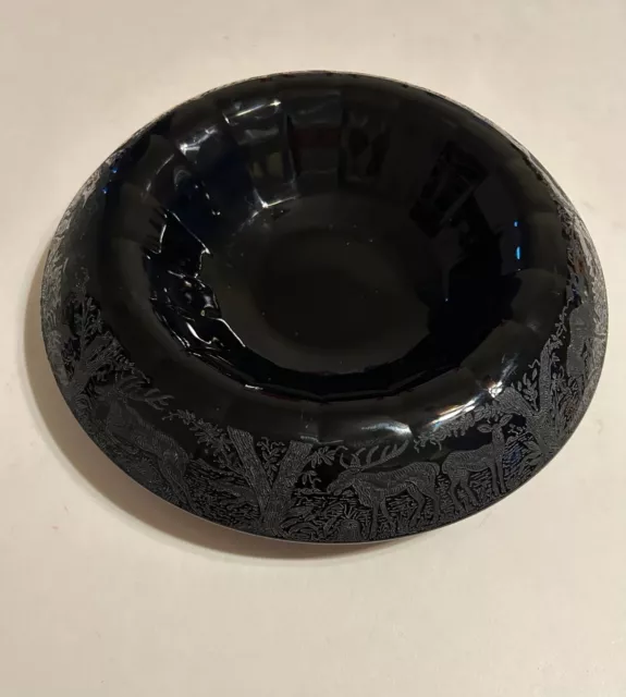 Paden City Glass co black glass console etched bowl "Black Forest" 11 1/2 in