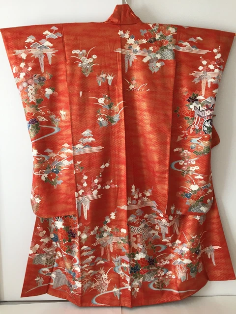 Vintage Japanese Silk Kimono FURISODE, Gosho-guruma, Peony, Ume, Red K345