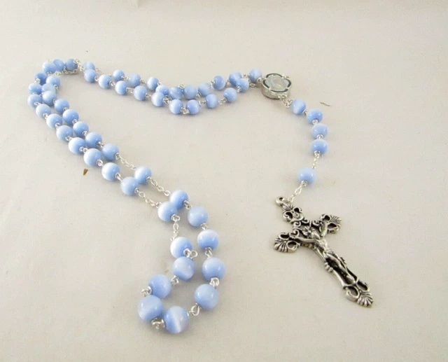 Rosary Necklace BLUE Glass Bead Silver Tone Crucifix