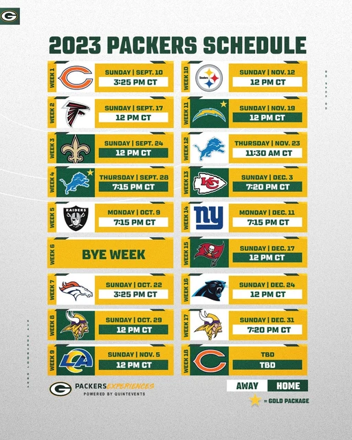 GREEN BAY PACKERS 2023 Schedule GOLD MEDALLION + Packet Ticket Holder