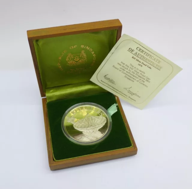 1979 Singapore Satellite Communication Silver Proof Ten 10 Dollar Coin Boxed Coa
