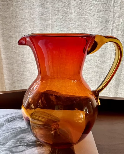 Vintage Blenko Art Glass Mid Century 7.5”Amberina Pitcher w/ Handle MCM