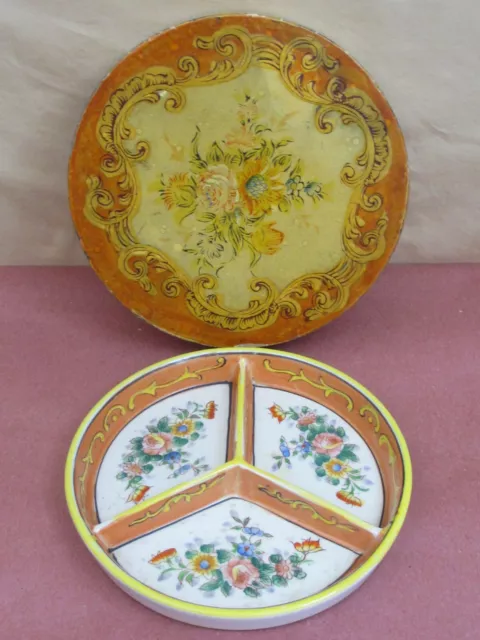 1920's MORIYAMA MORI-MACHI JAPAN HAND PAINTED DIVIDED DISH WITH PAPER MACHE BOX